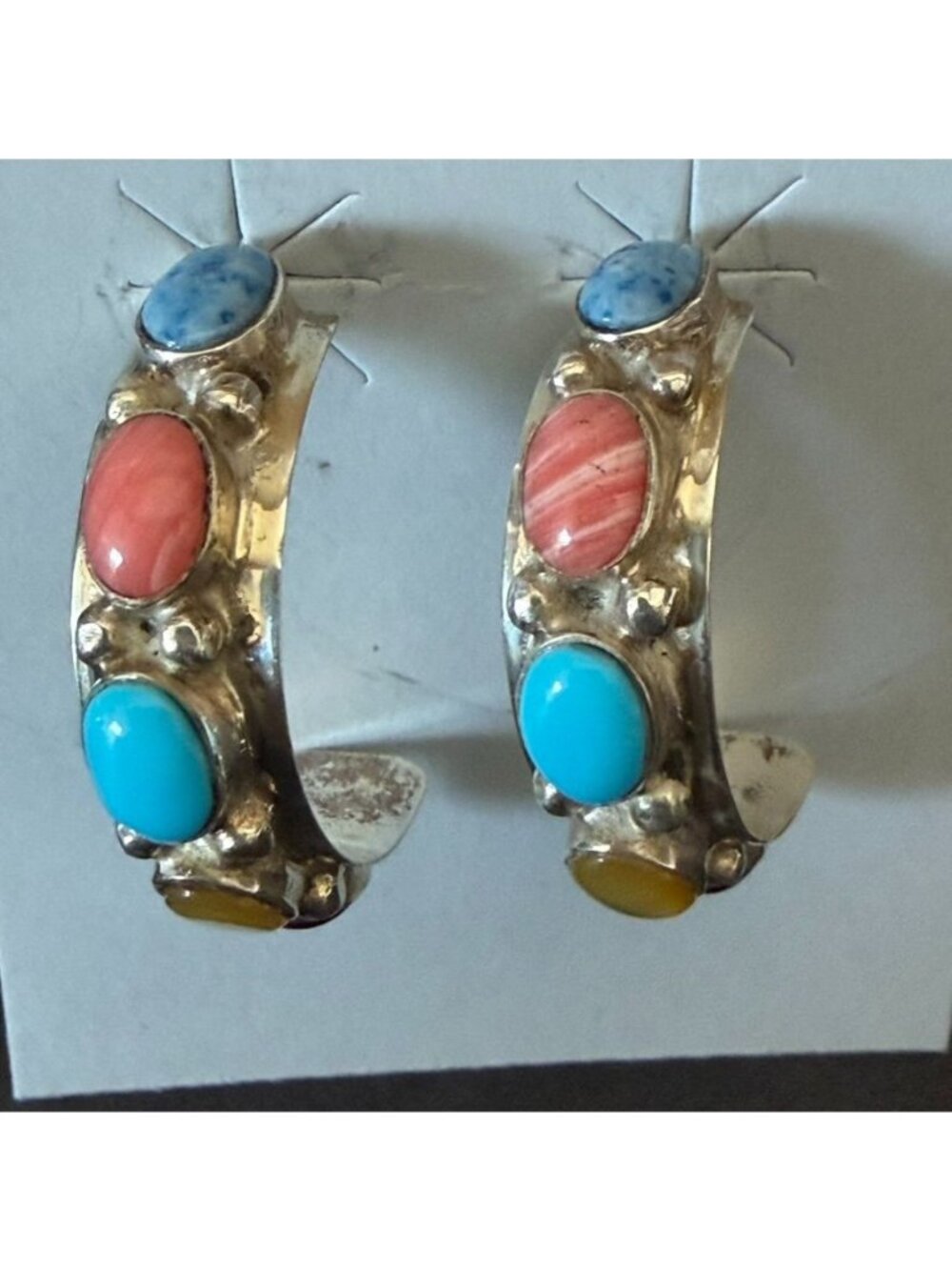 Sterling Silver Hoop Earrings With Turquoise Spiny Oyster & Gemstone Cabochons